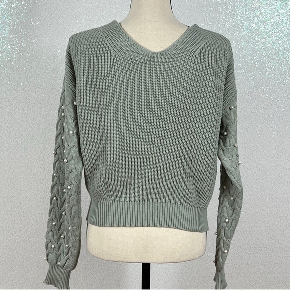 Jessica Simpson sage green button down sweater with pearls appliqué - Picture 3 of 12